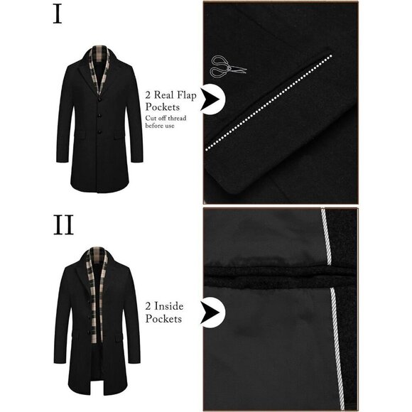 COOFANDY Men's Black Wool Blend Coat with Scarfs Notched Collar Pea Coat - Picture 2 of 6